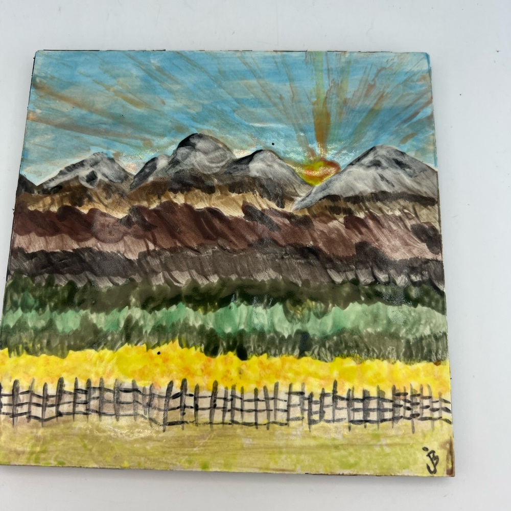 Hand Painted Tile Mountain Sunrise/Sunset Scene 6” Square Trivet Wall Art Signed